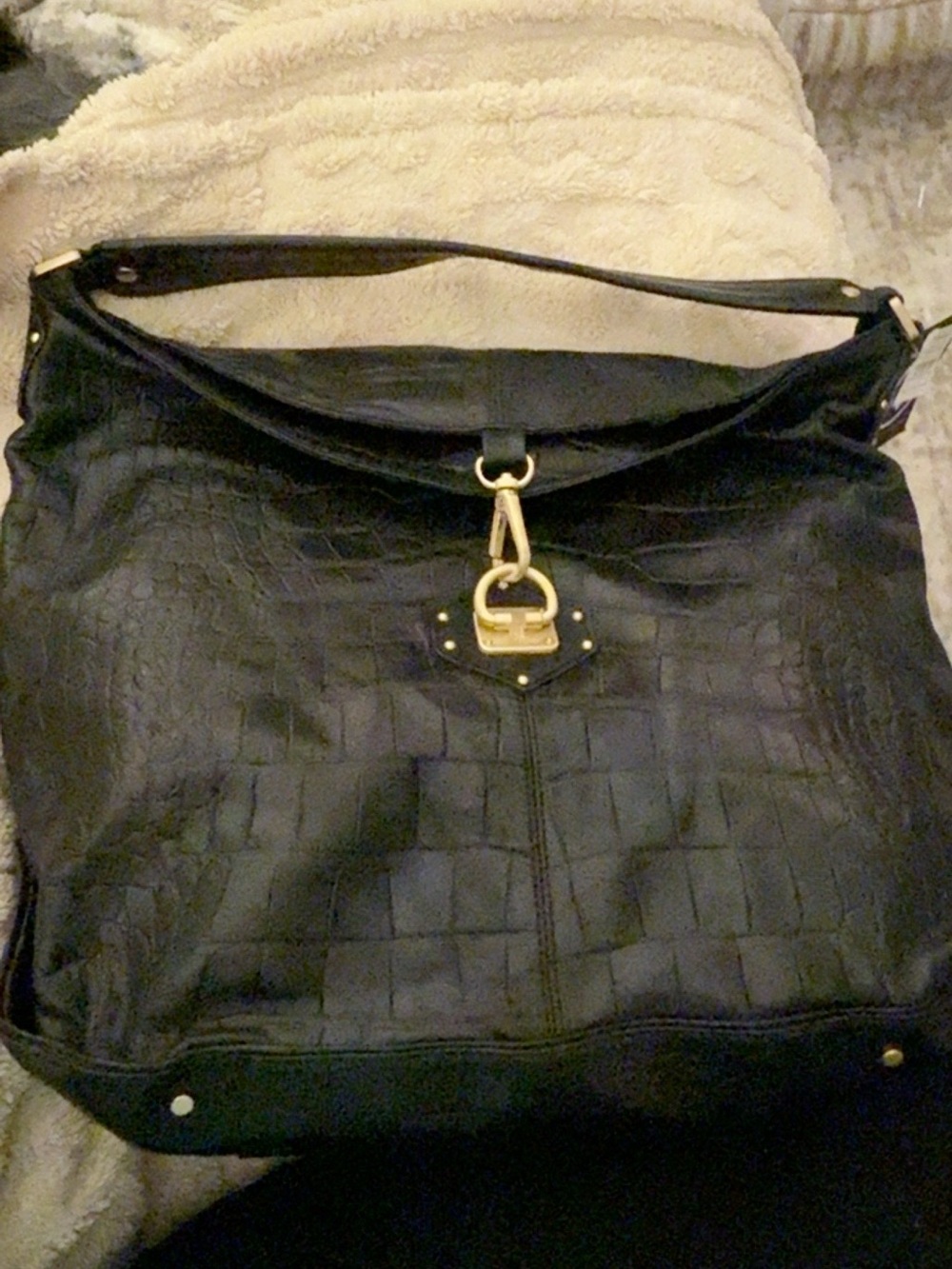 NWT Adrienne Vittadini XL Black Croc Embossed Hobo Bag with Gold Hardware